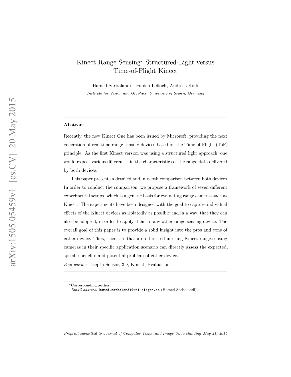 Arxiv:1505.05459V1 [Cs.CV] 20 May 2015 Key Words: Depth Sensor, 3D, Kinect, Evaluation