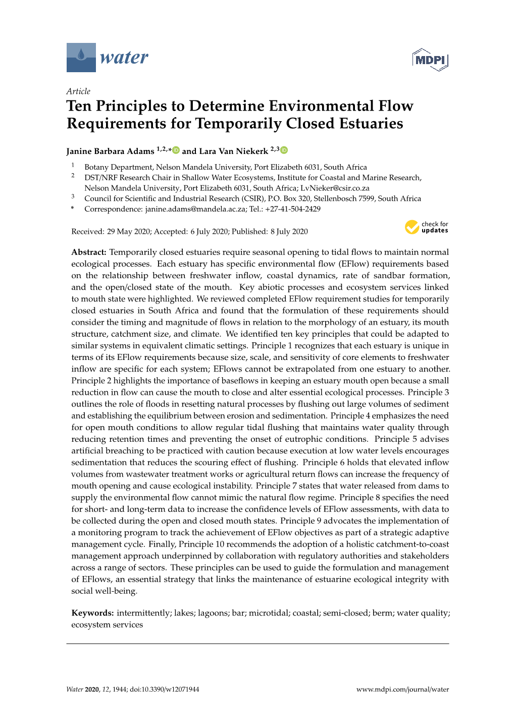 Ten Principles to Determine Environmental Flow Requirements for Temporarily Closed Estuaries