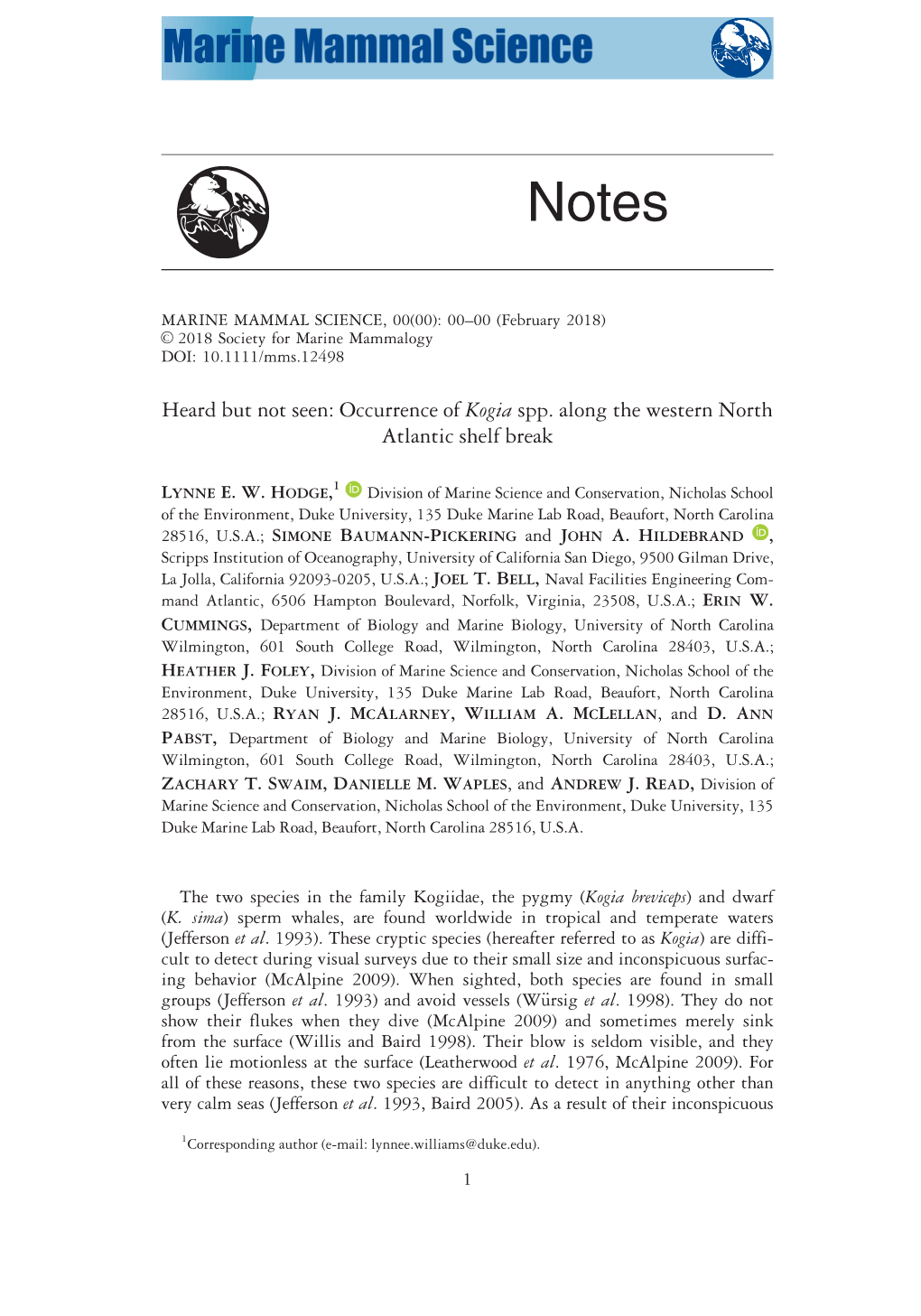 Heard but Not Seen: Occurrence of Kogia Spp. Along the Western North Atlantic Shelf Break