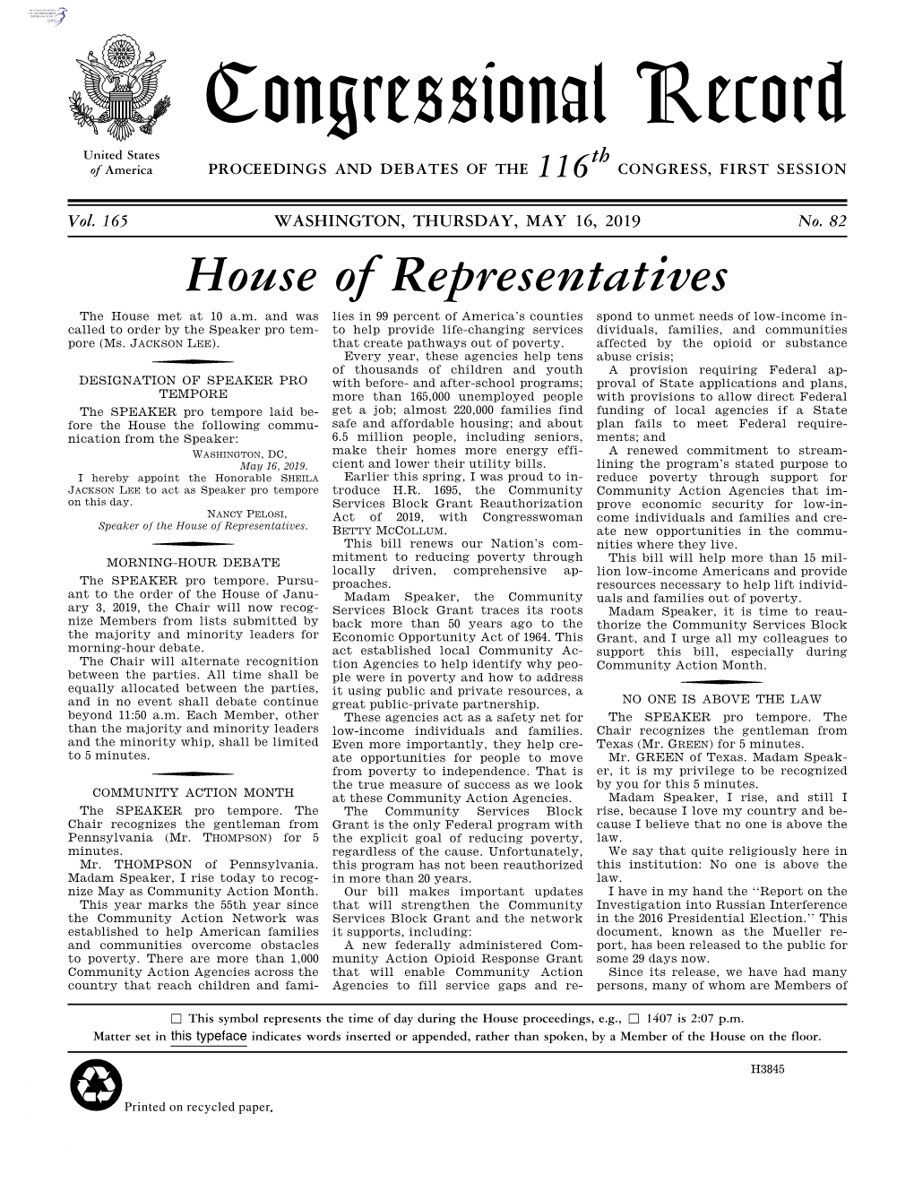 Congressional Record United States Th of America PROCEEDINGS and DEBATES of the 116 CONGRESS, FIRST SESSION