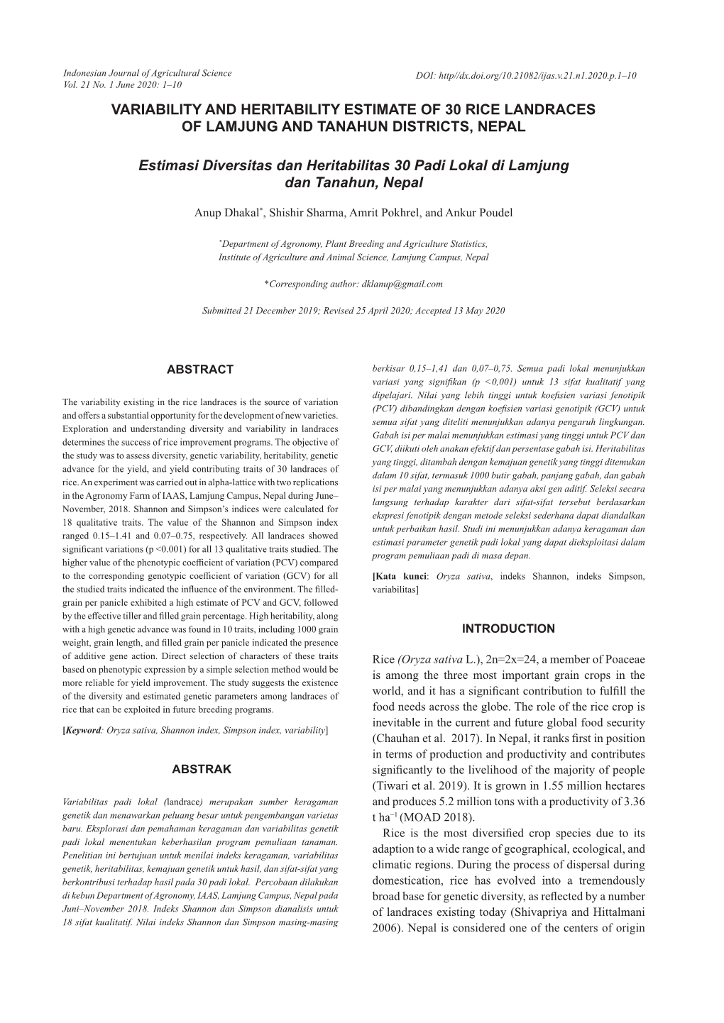 Variability and Heritability Estimate of 30 Rice Landraces of Lamjung and Tanahun Districts, Nepal