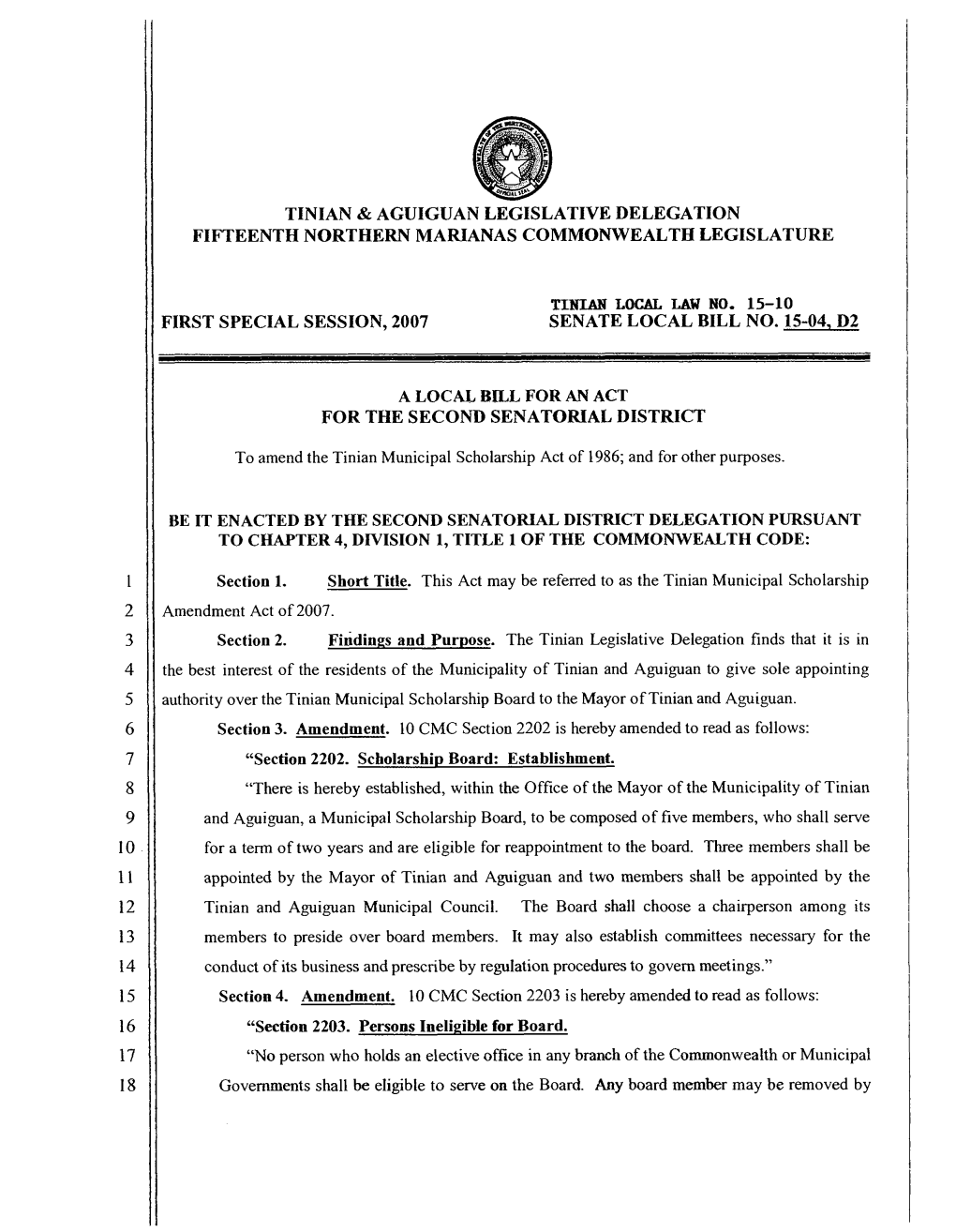 Tinian & Aguiguan Legislative Delegation Fifteenth