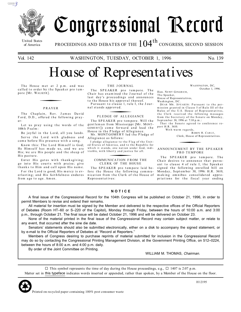 Congressional Record United States Th of America PROCEEDINGS and DEBATES of the 104 CONGRESS, SECOND SESSION