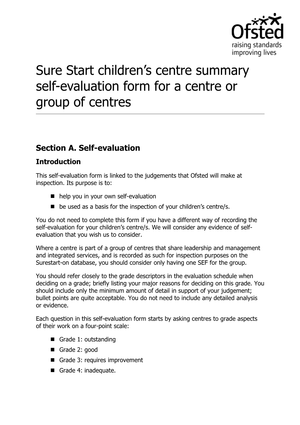 Sure Start Children S Centre Summary Self-Evaluation Form for a Centre Or Group of Centres