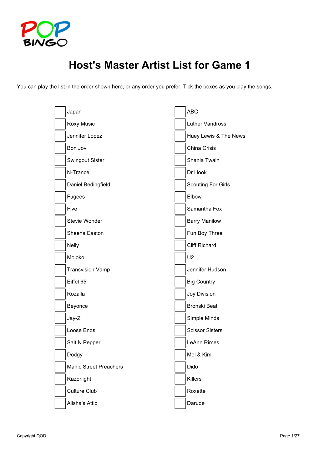 Host's Master Artist List for Game 1