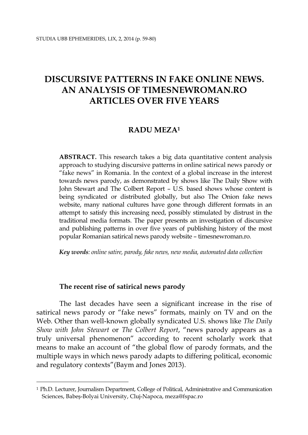 Discursive Patterns in Fake Online News. an Analysis of Timesnewroman.Ro Articles Over Five Years