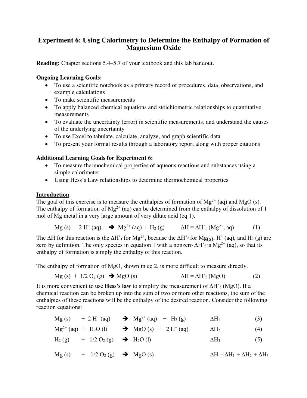 Experiment 6: Using Calorimetry to Determine the Enthalpy of Formation of Magnesium Oxide