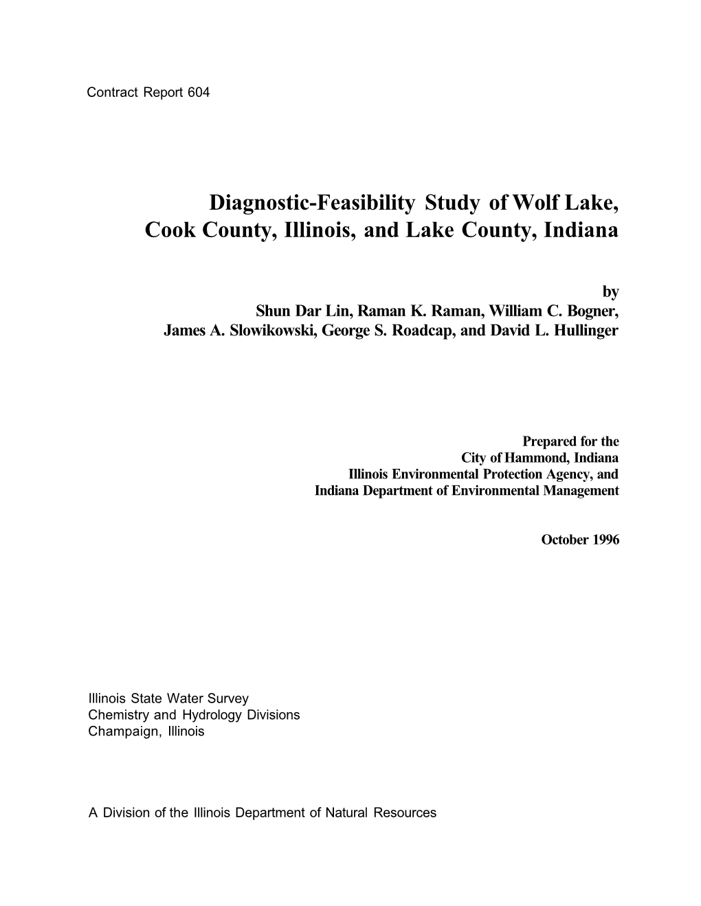 Diagnostic-Feasibility Study of Wolf Lake, Cook County, Illinois, and Lake County, Indiana