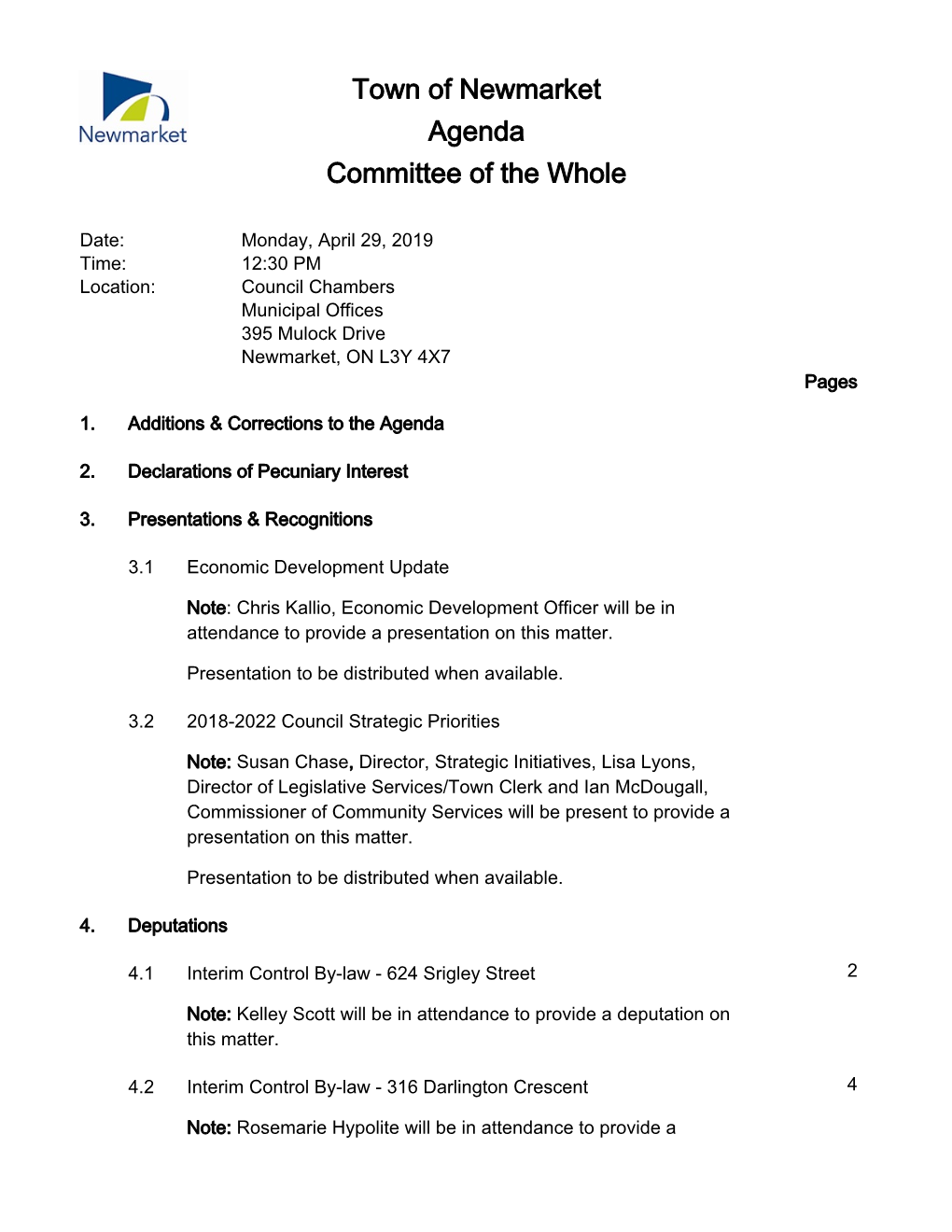 Town of Newmarket Agenda Committee of the Whole