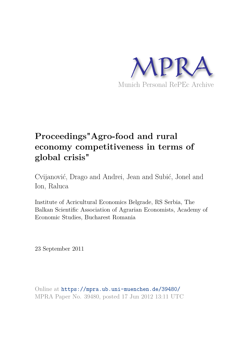 Proceedings"Agro-Food and Rural Economy Competitiveness in Terms of Global Crisis"
