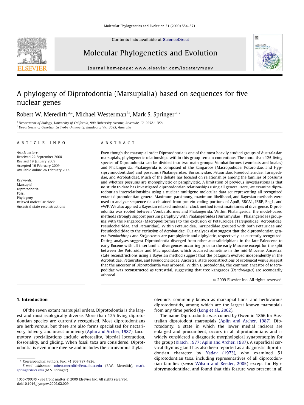 A Phylogeny of Diprotodontia (Marsupialia) Based on Sequences for ﬁve Nuclear Genes