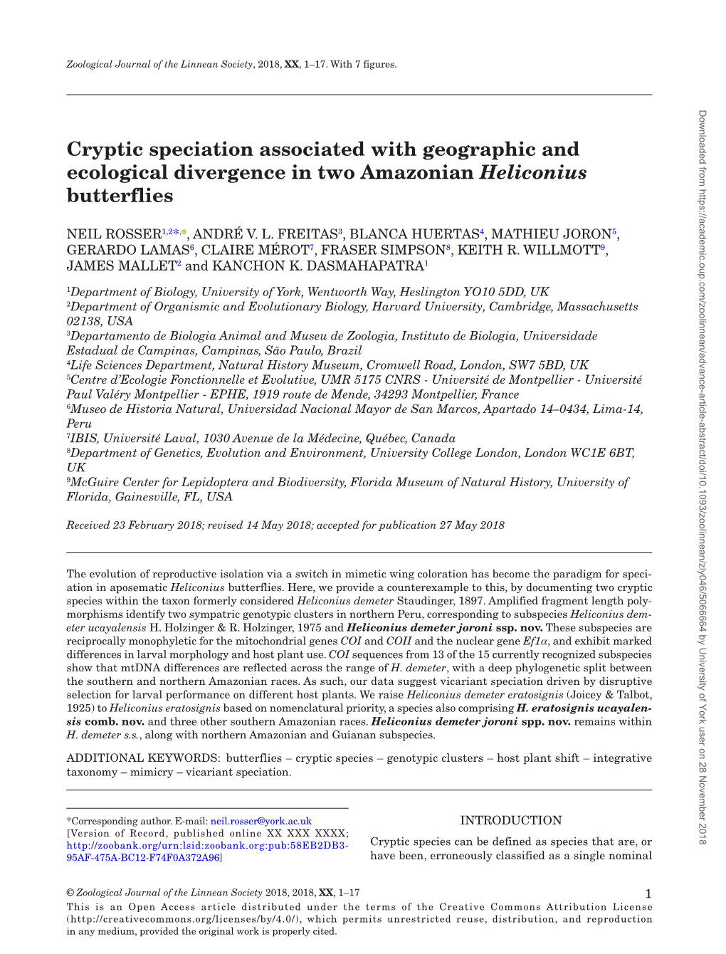 Cryptic Speciation Associated with Geographic and Ecological Divergence in Two Amazonian Heliconius Butterflies