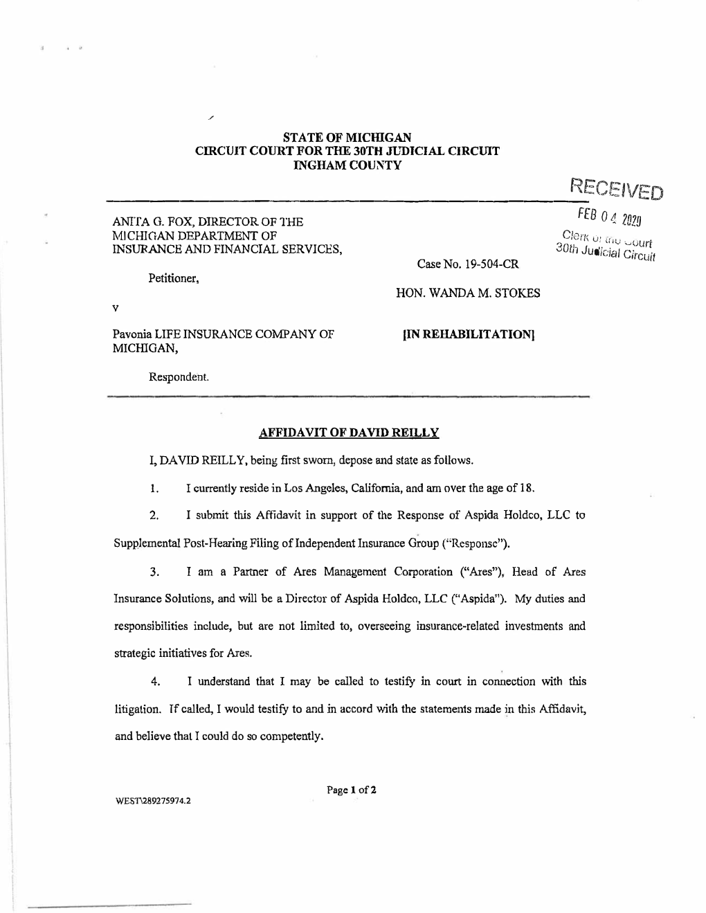 Aspida Holdco, LLC's Response to Supplemental Post-Hearing Filing