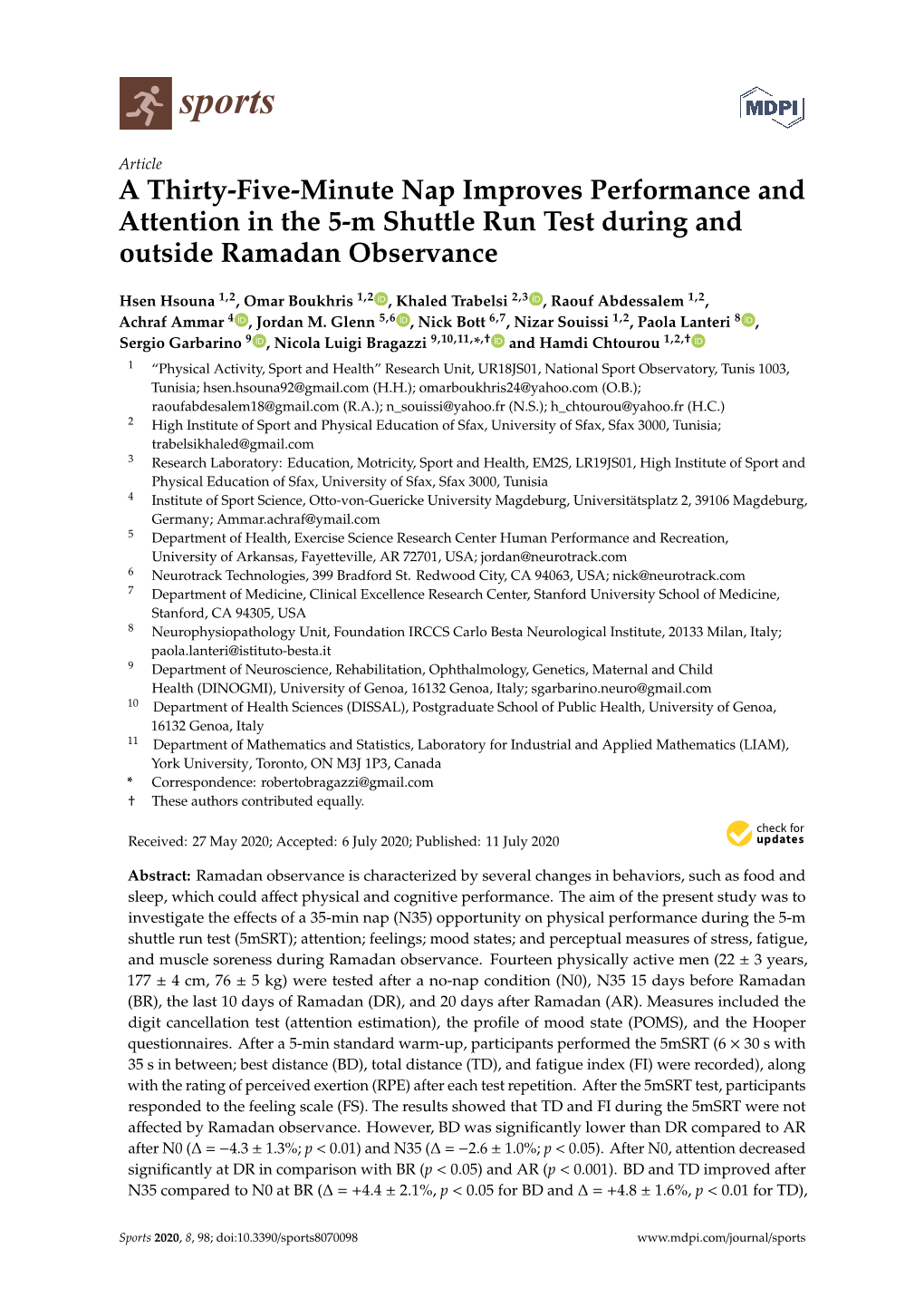 A Thirty-Five-Minute Nap Improves Performance and Attention in the 5-M Shuttle Run Test During and Outside Ramadan Observance