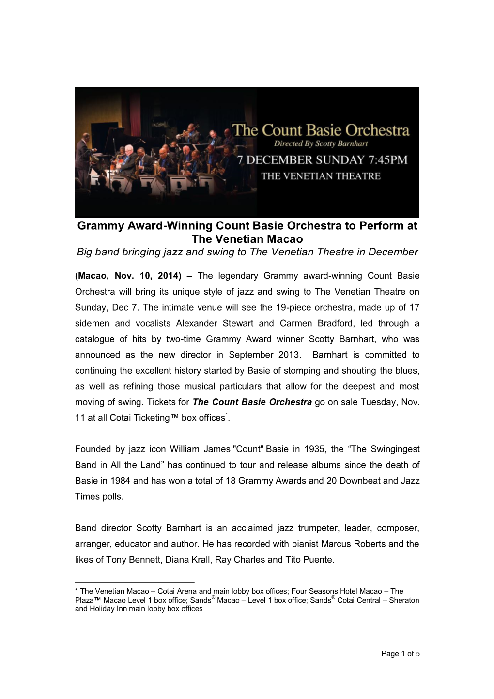 Grammy Award-Winning Count Basie Orchestra to Perform at the Venetian Macao Big Band Bringing Jazz and Swing to the Venetian Theatre in December