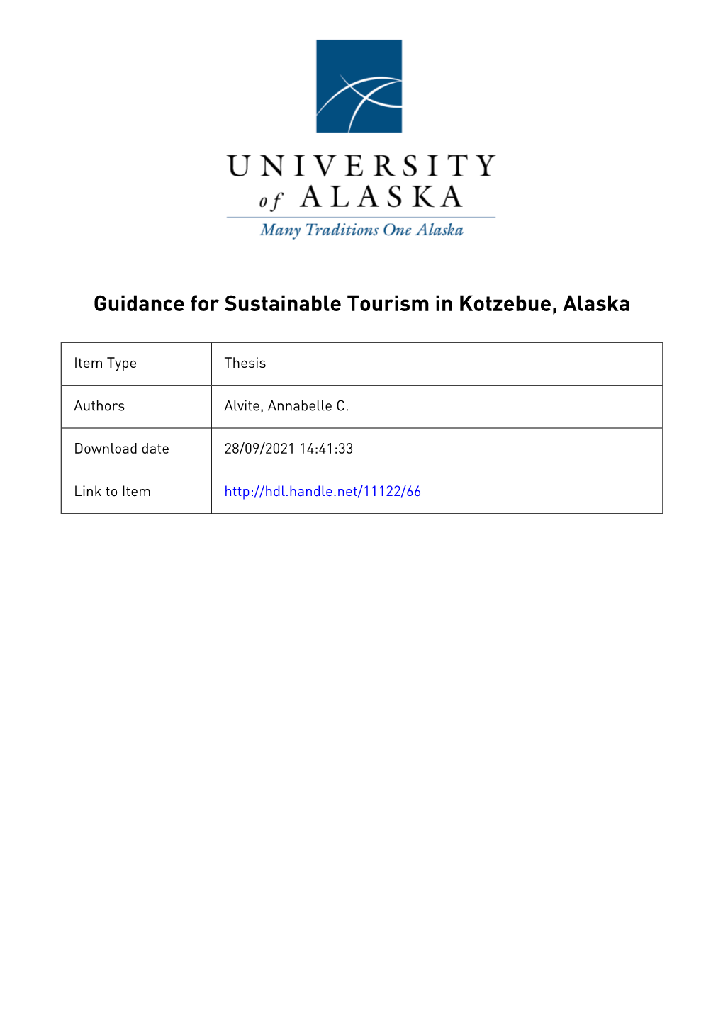 GUIDANCE for SUSTAINABLE TOURISM in KOTZEBUE, ALASKA by Annabelle C. Alvite