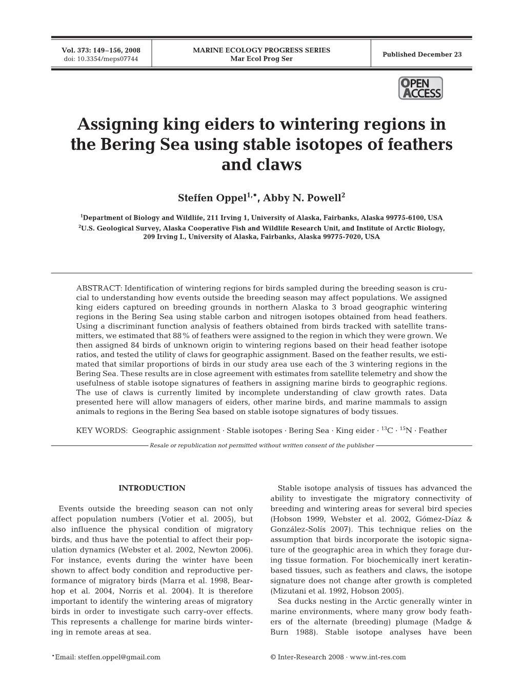 Assigning King Eiders to Wintering Regions in the Bering Sea Using Stable Isotopes of Feathers and Claws