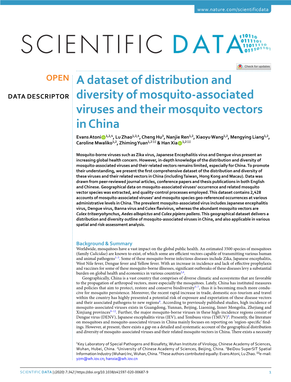 A Dataset of Distribution and Diversity of Mosquito-Associated Viruses and Teir Related Mosquito Vectors in China
