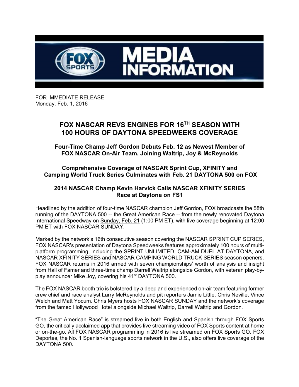 Fox Nascar Revs Engines for 16Th Season with 100 Hours of Daytona Speedweeks Coverage