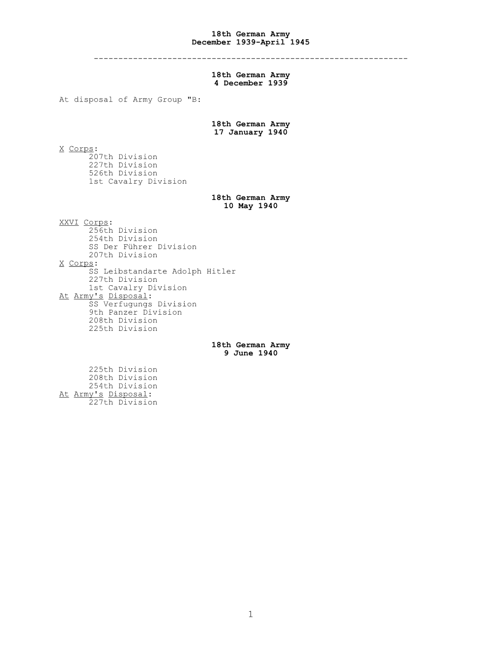 German 18Th Army, December 1939-April 1945