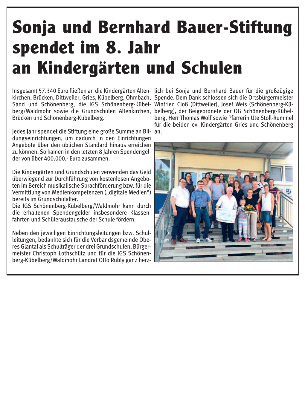 Sonja Und Bernhard Bauer-Stiftung Spendet Im 8. Jahr an Kindergärten Und Schulen
