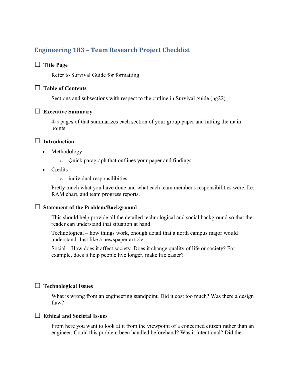 Engineering 183 Team Research Project Checklist