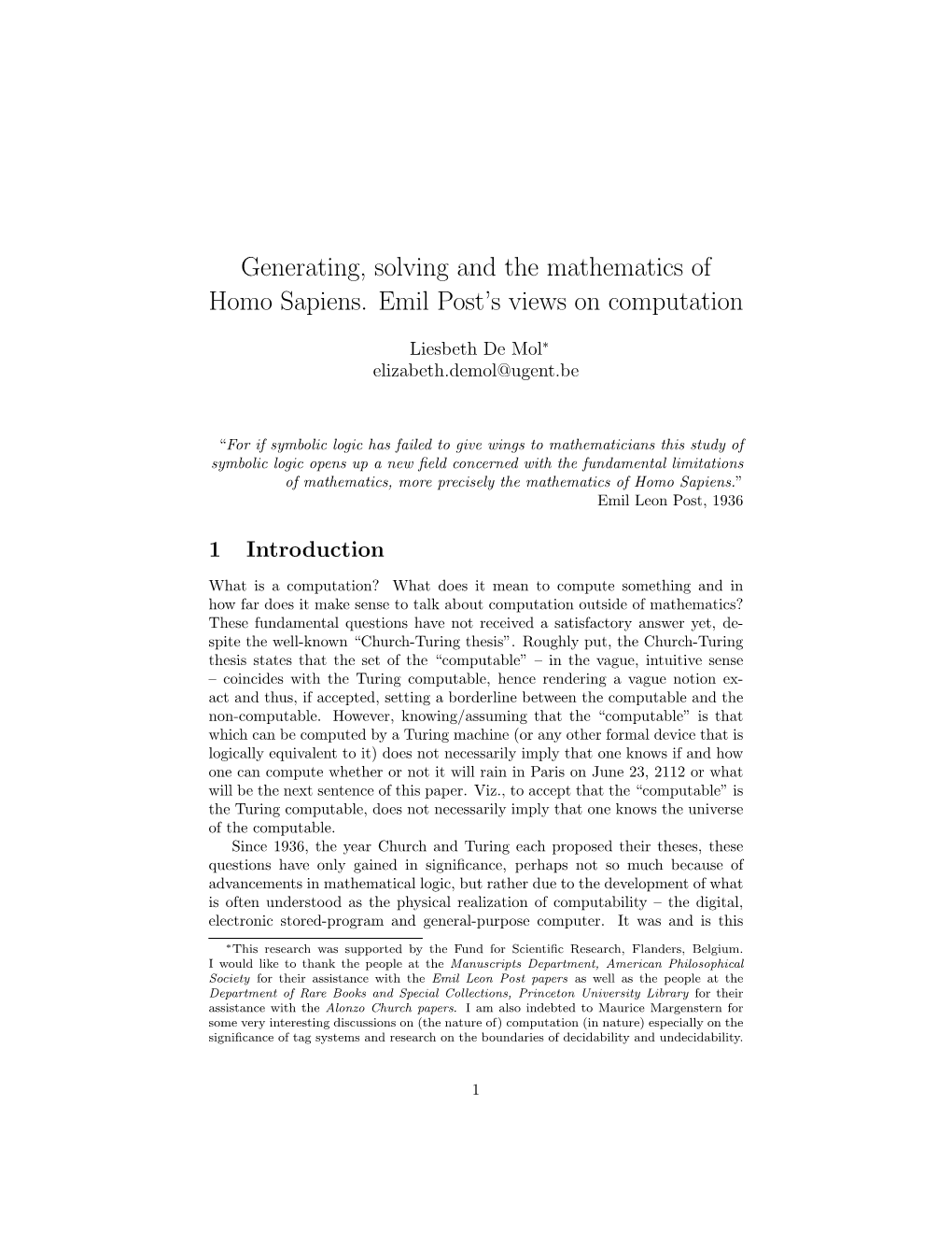 Generating, Solving and the Mathematics of Homo Sapiens. Emil Post's Views on Computation