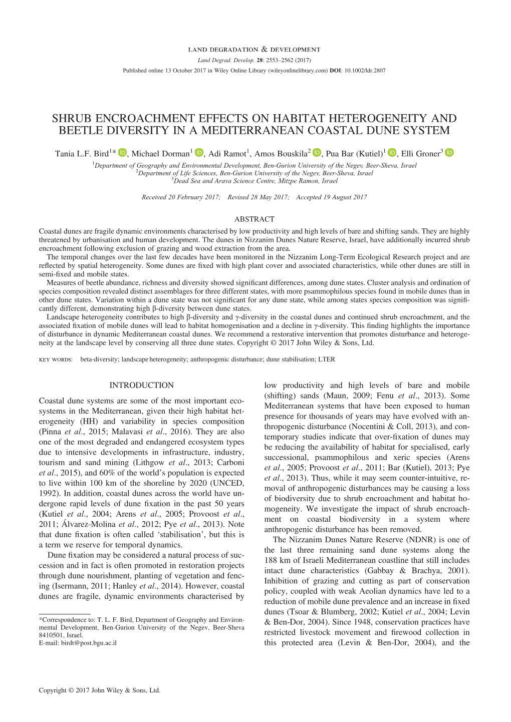 Shrub Encroachment Effects on Habitat Heterogeneity and Beetle Diversity in a Mediterranean Coastal Dune System