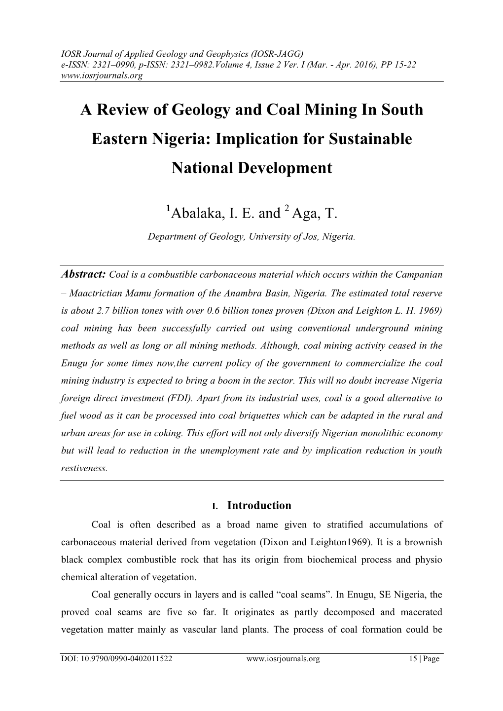 A Review of Geology and Coal Mining in South Eastern Nigeria: Implication for Sustainable National Development
