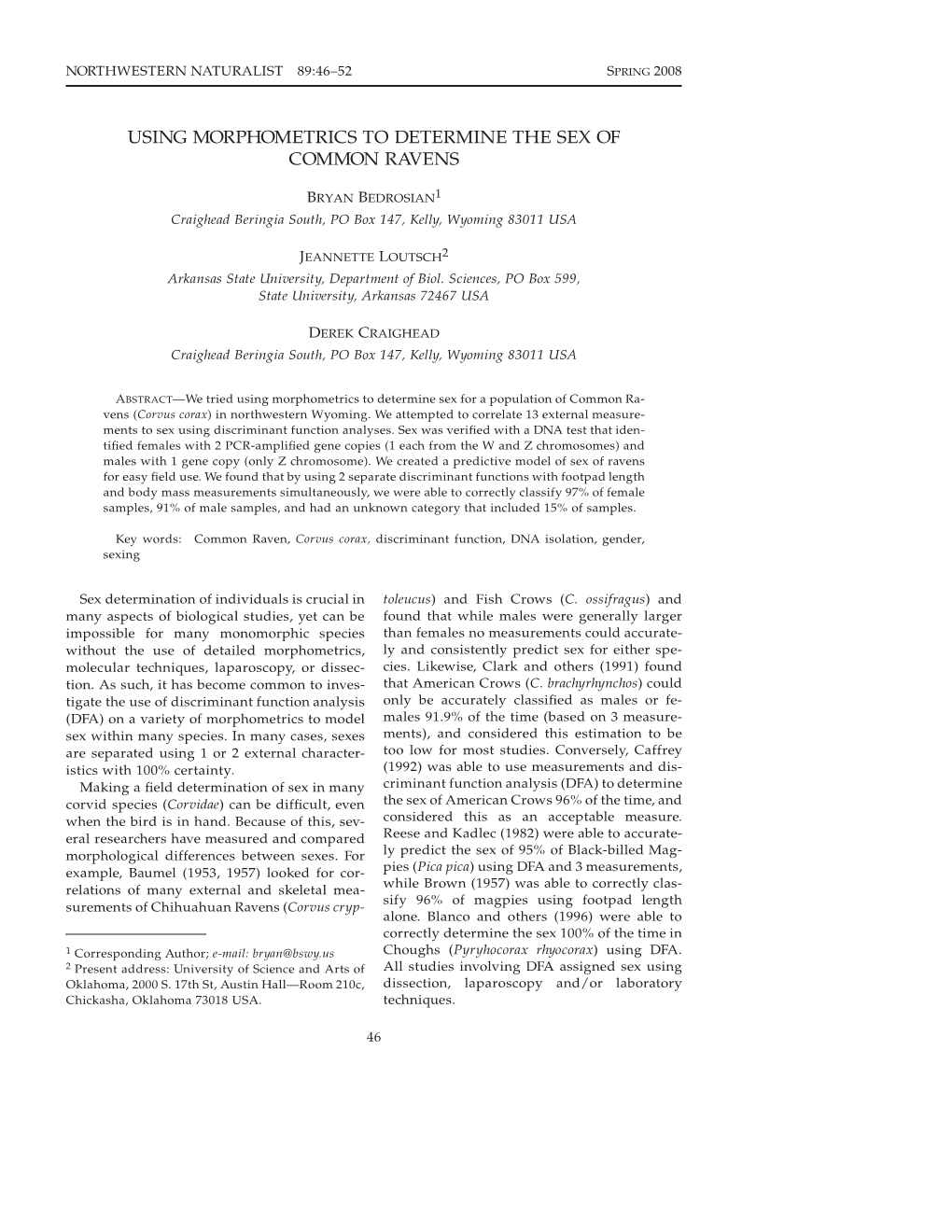 Using Morphometrics to Determine the Sex of Common Ravens