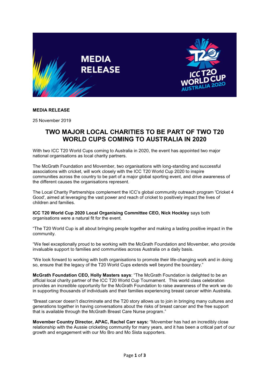 Two Major Local Charities to Be Part of Two T20 World Cups Coming to Australia in 2020