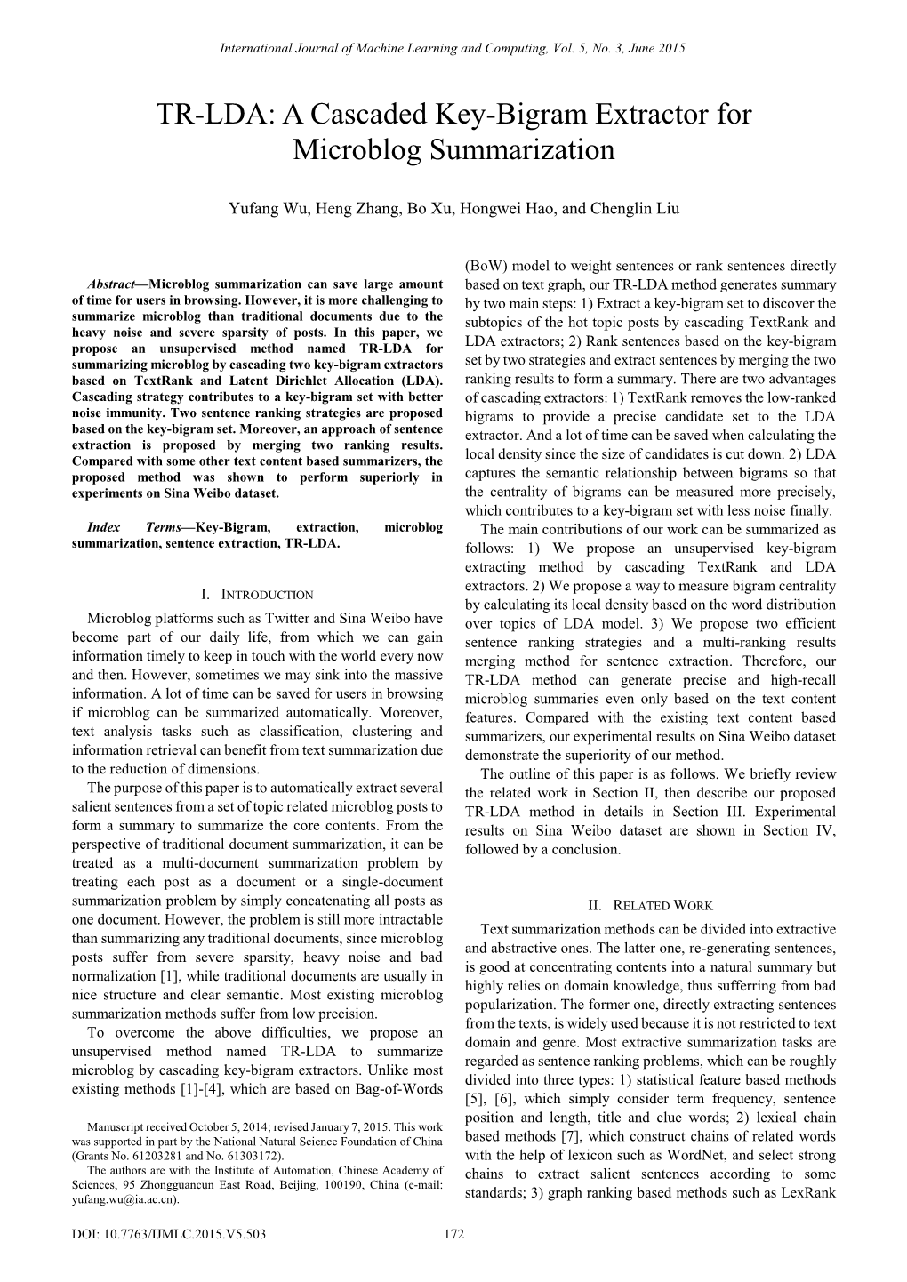 TR-LDA: a Cascaded Key-Bigram Extractor for Microblog Summarization