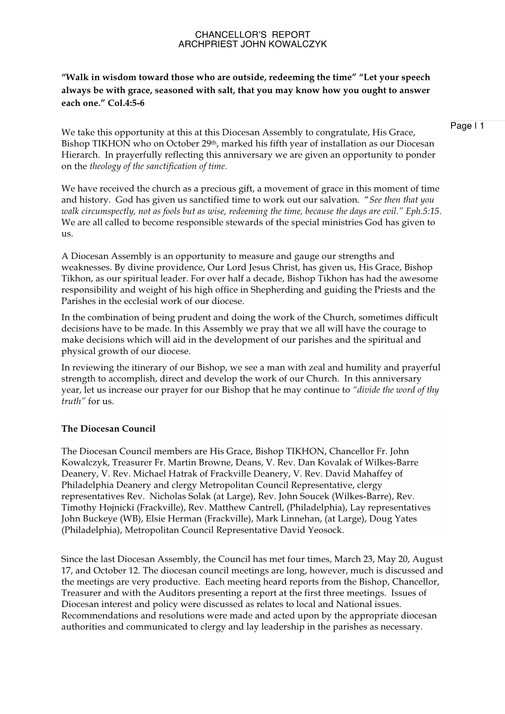 Page | 1 CHANCELLOR S REPORT ARCHPRIEST JOHN KOWALCZYK