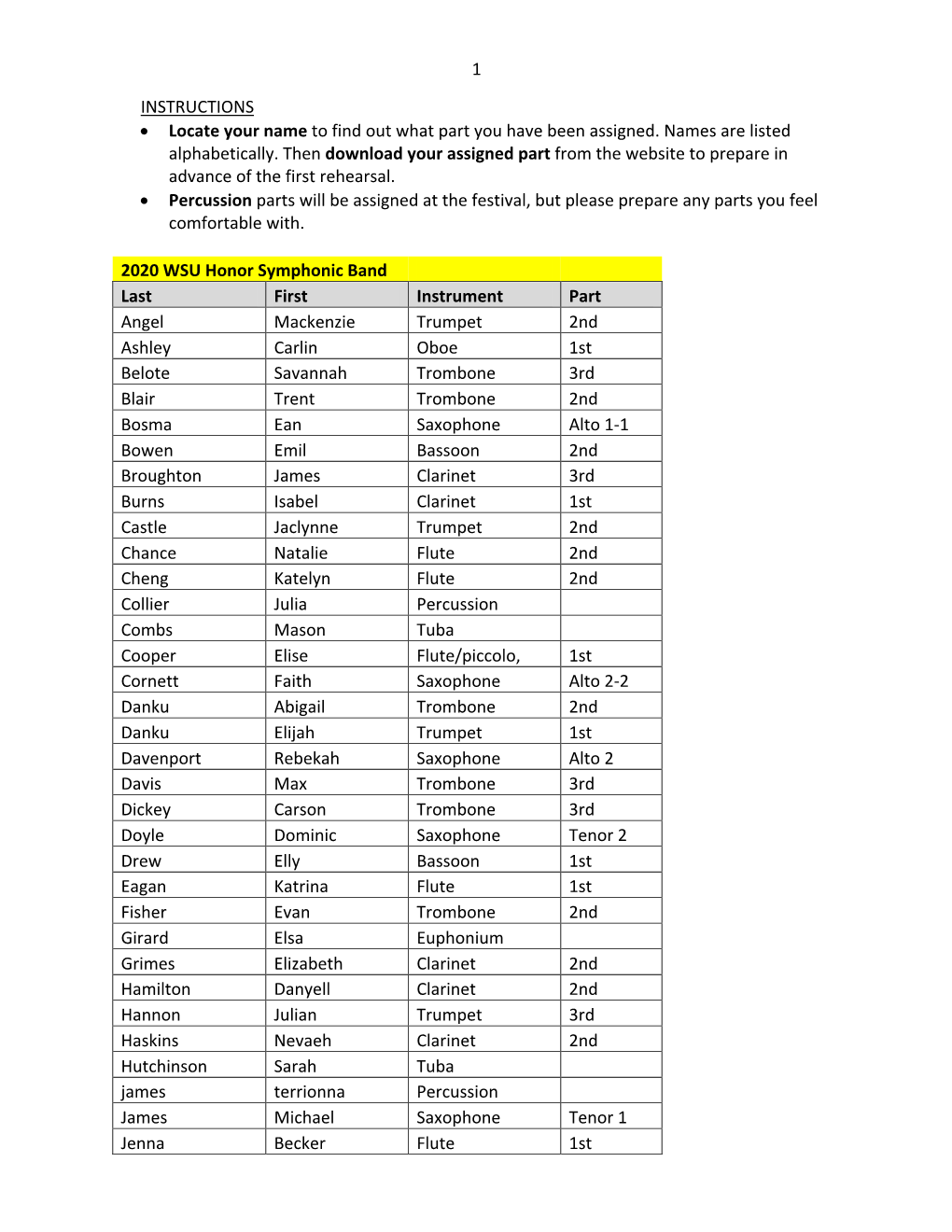 1 INSTRUCTIONS • Locate Your Name to Find out What Part You Have Been