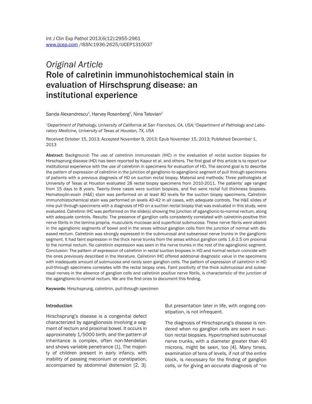 Original Article Role of Calretinin Immunohistochemical Stain in Evaluation of Hirschsprung Disease: an Institutional Experience