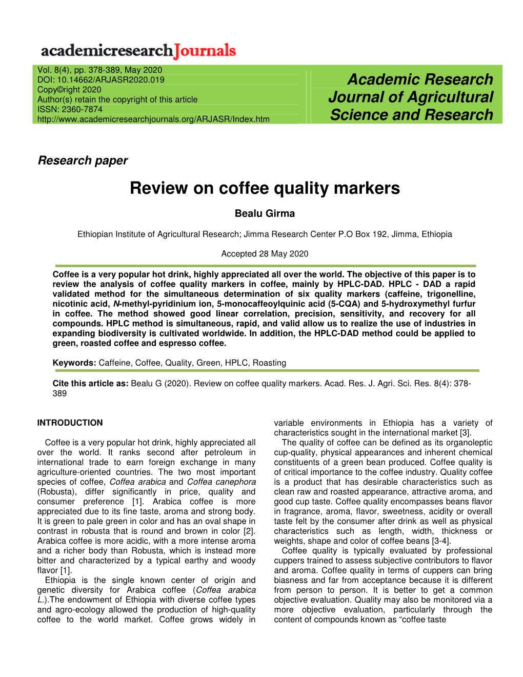 Review on Coffee Quality Markers