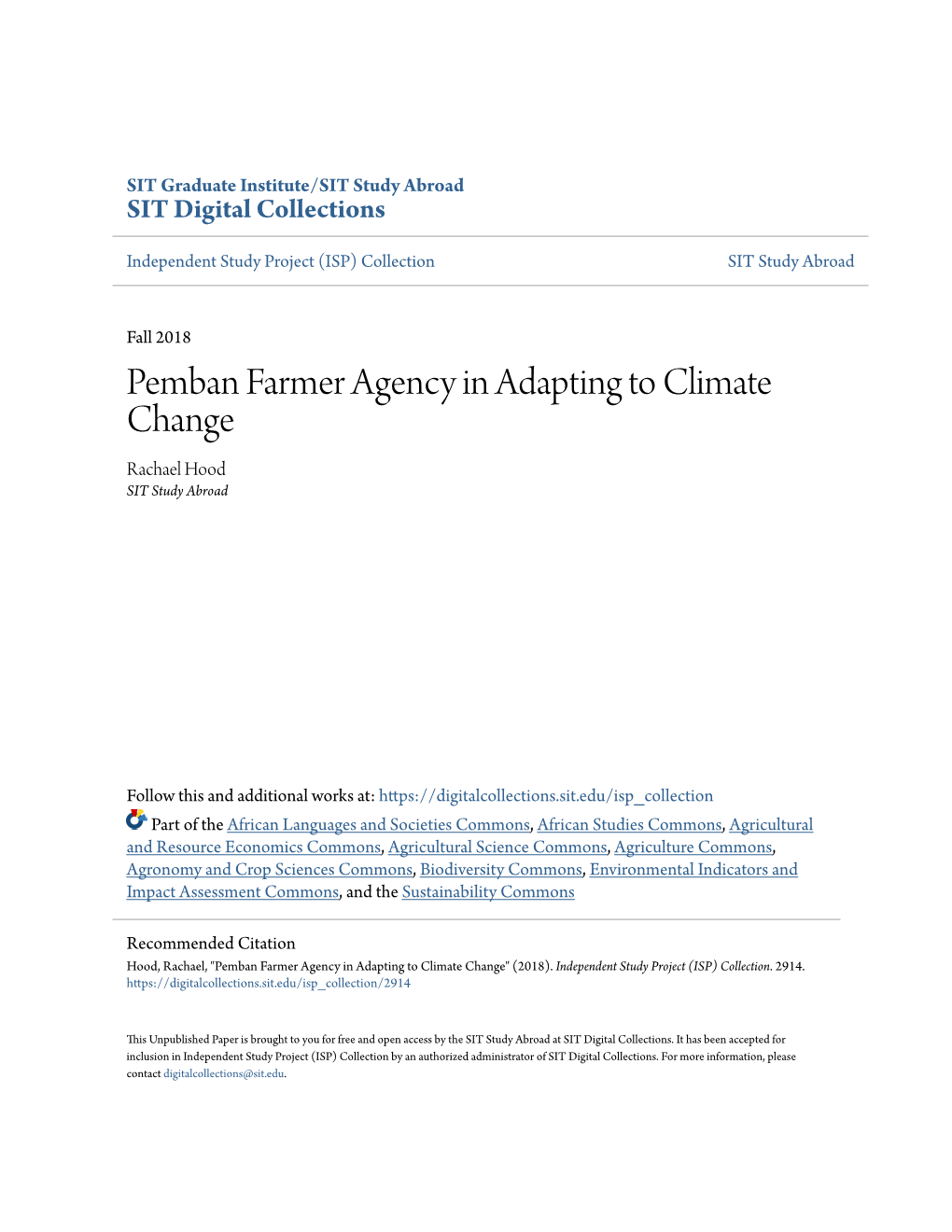 Pemban Farmer Agency in Adapting to Climate Change Rachael Hood SIT Study Abroad