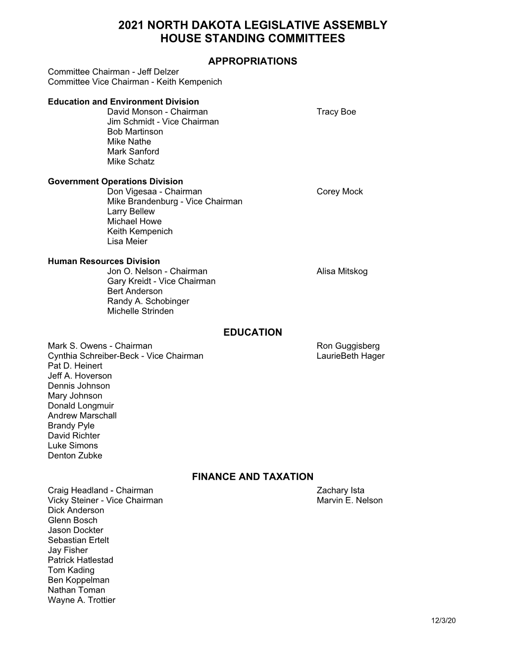 House Standing Committees