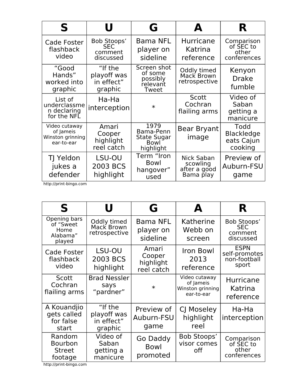 Roll Tide Sugar Bowl Bingo