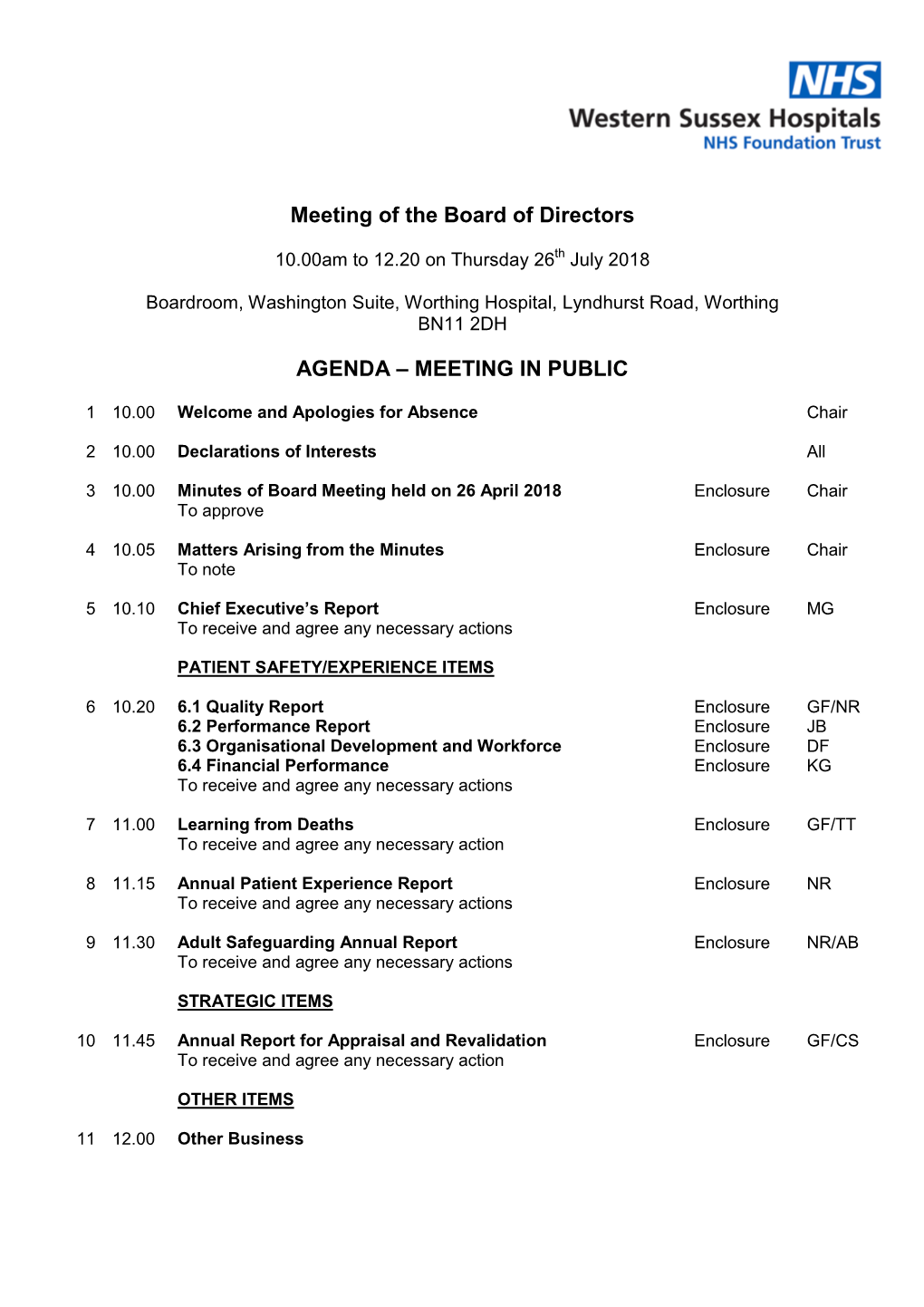 Meeting of the Board of Directors AGENDA – MEETING in PUBLIC