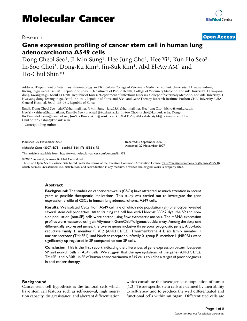 Gene Expression Profiling of Cancer Stem Cell in Human Lung