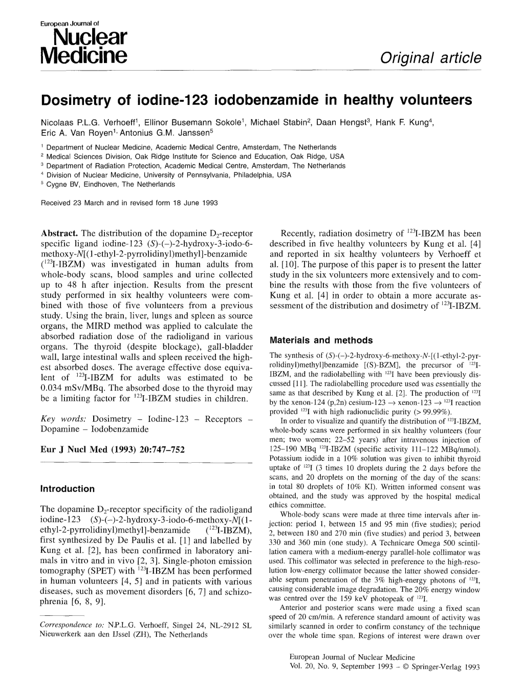 Dosimetry of Iodine-123 Iodobenzamide in Healthy Volunteers