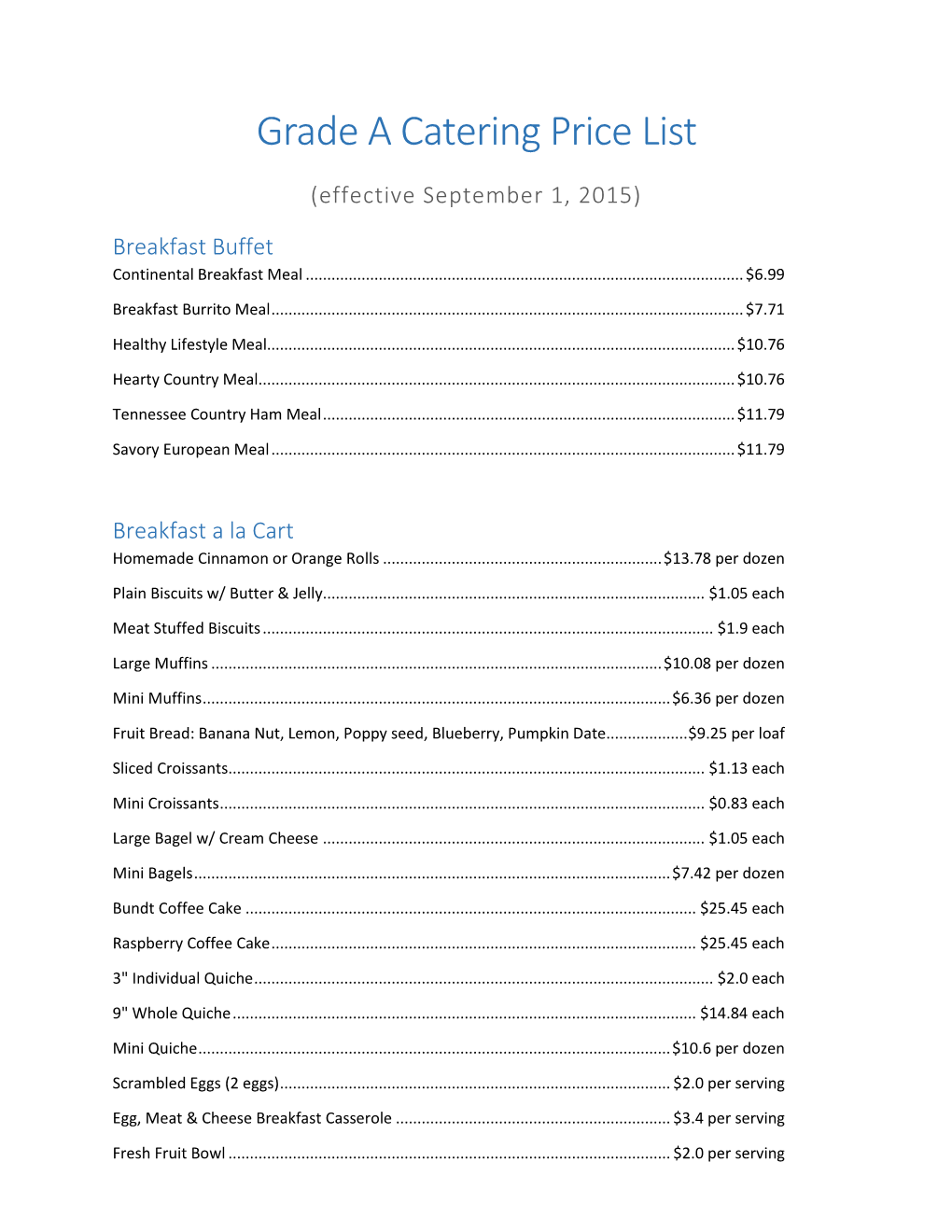 Grade a Catering Price List