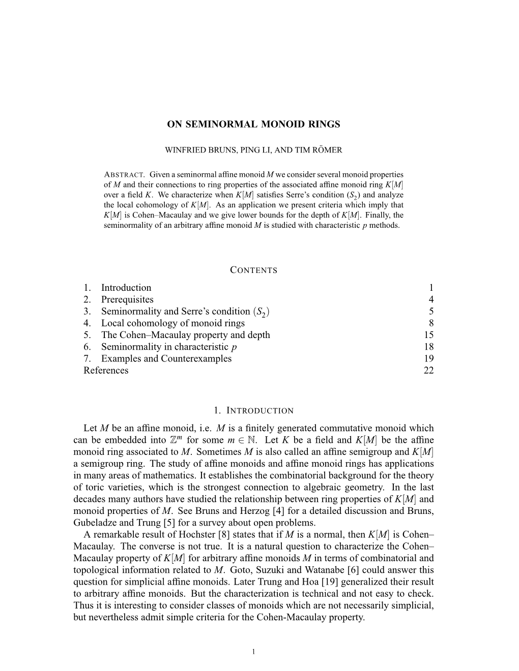 ON SEMINORMAL MONOID RINGS 1. Introduction 1 2. Prerequisites 4 3