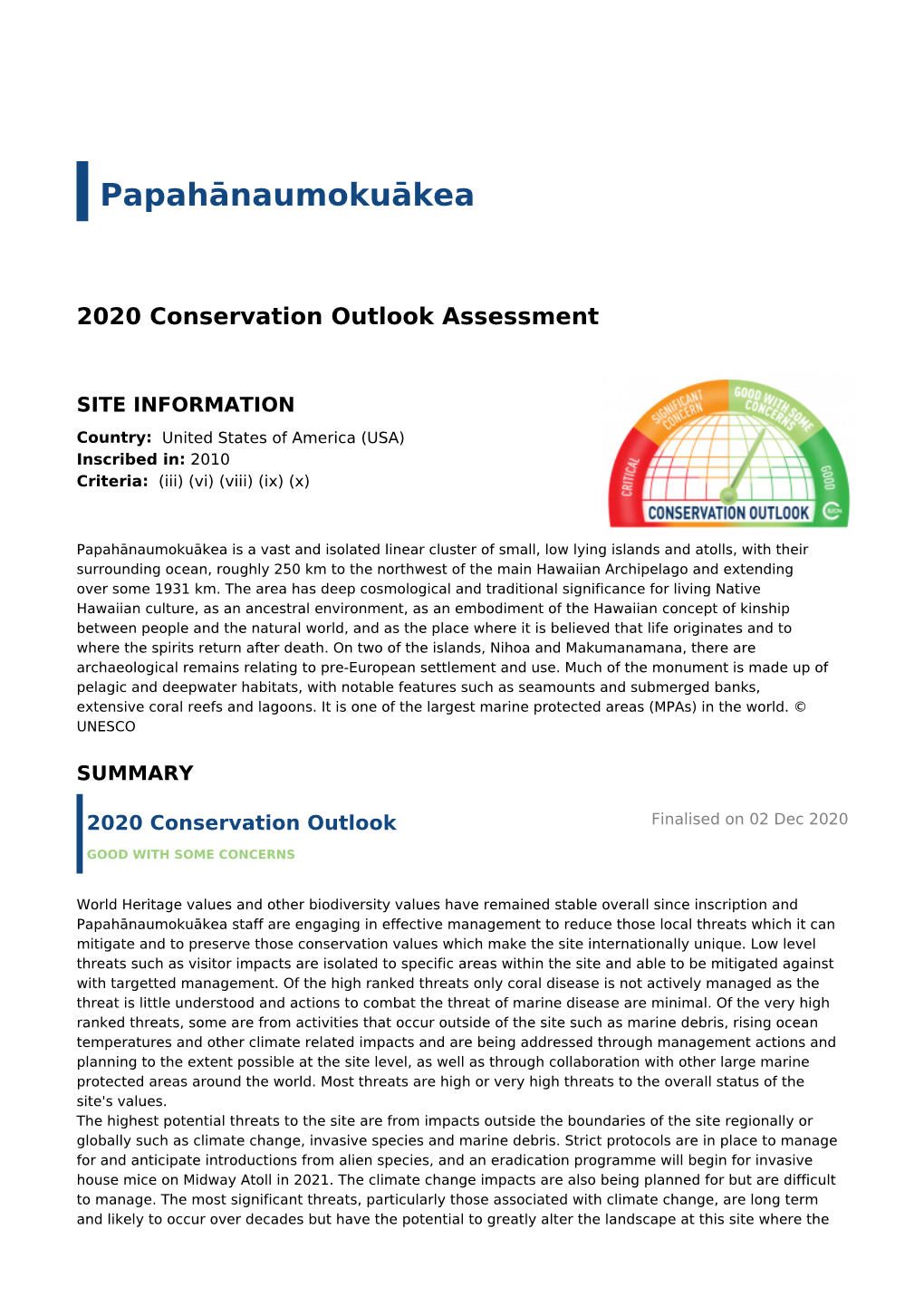 2020 Conservation Outlook Assessment