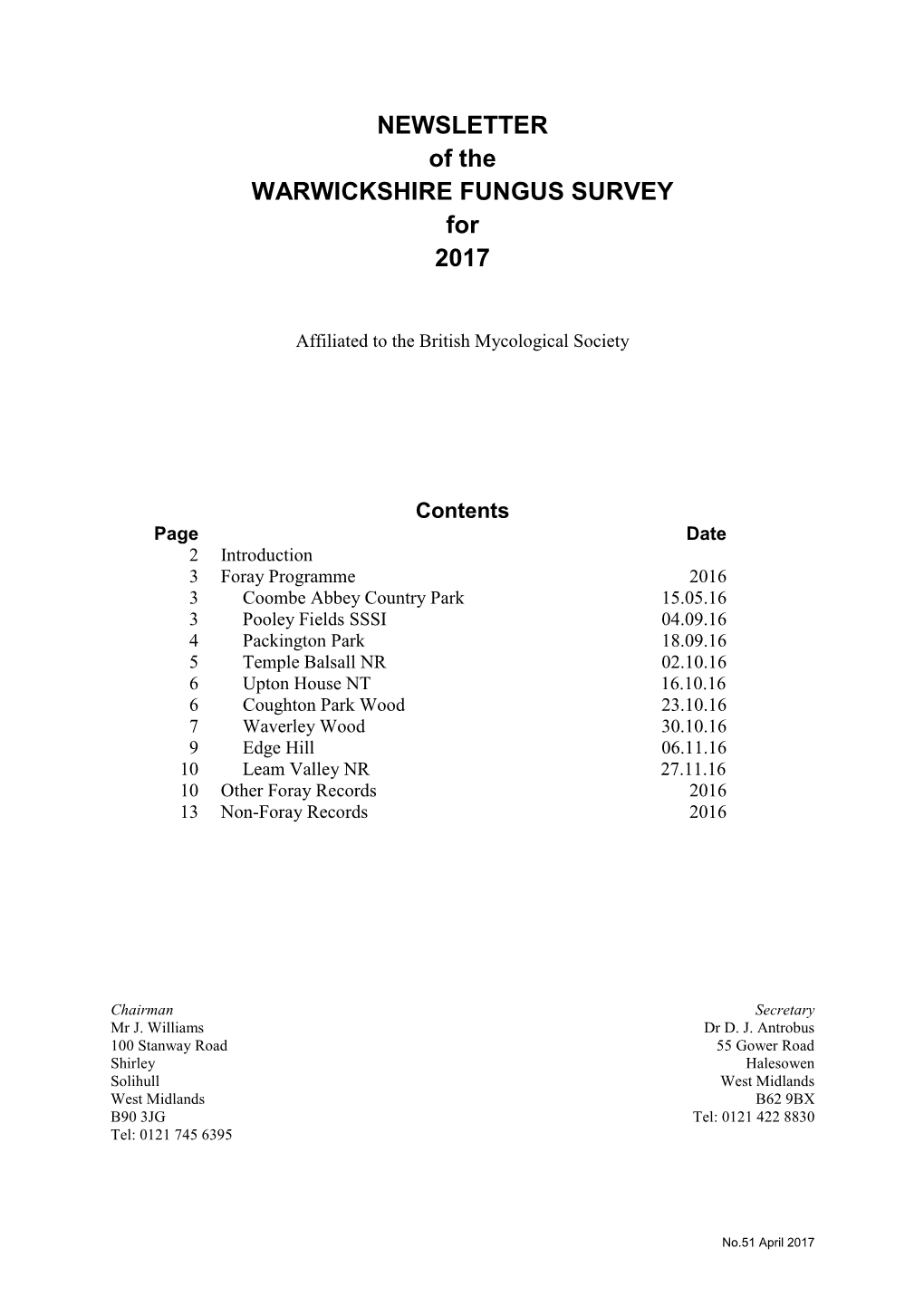 NEWSLETTER of the WARWICKSHIRE FUNGUS SURVEY for 2017