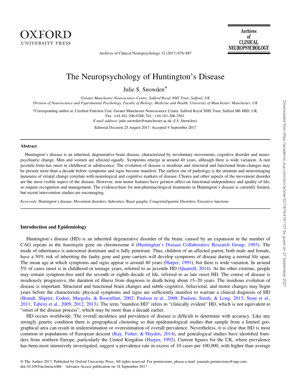 The Neuropsychology of Huntington's Disease