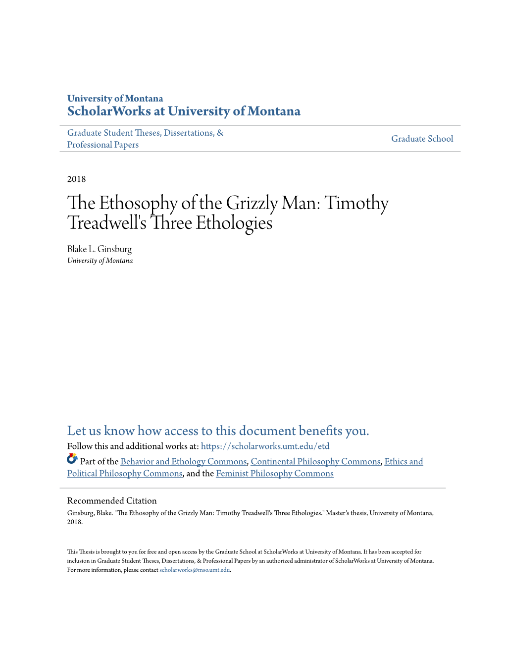 The Ethosophy of the Grizzly Man: Timothy Treadwell's Three Ethologies