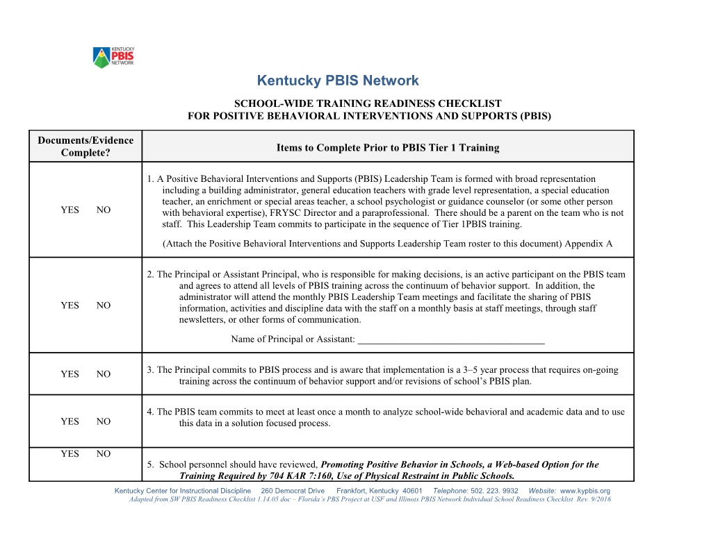 School-Wide Training Readiness Checklist