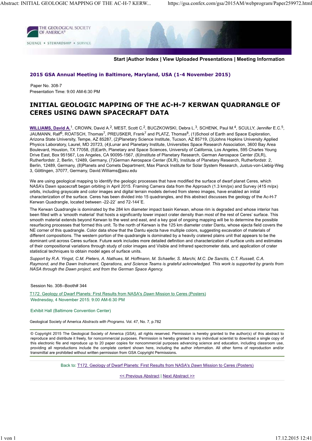 Initial Geologic Mapping of the Ac-H-7 Kerwan Quadrangle of Ceres Using Dawn Spacecraft Data